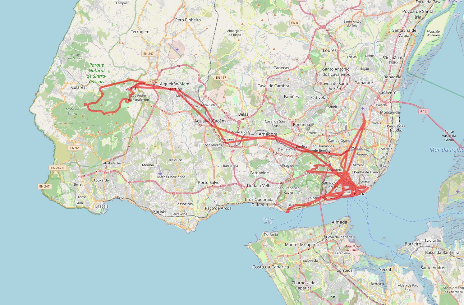 A map of Lisbon and the surrounding area with a red line representing our path throughout the country. The central part of Lisbon is entirely covered by the line with a few journeys to the outskirts and the airport. Outside of Lisbon, the line extends west to Sintra and back